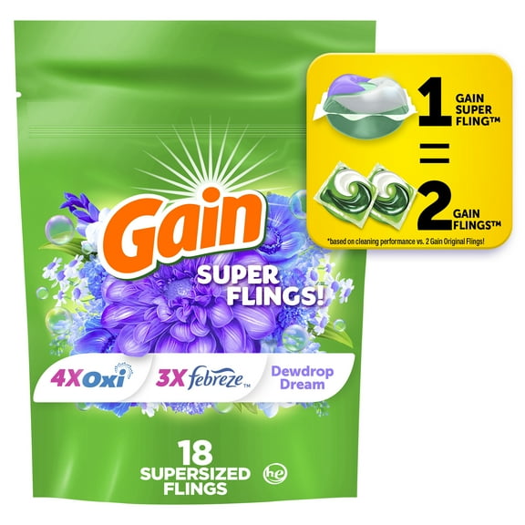 Gain Relax Super-Sized Flings Laundry Detergent Packs, Dewdrop Dream Scent, 18 Count