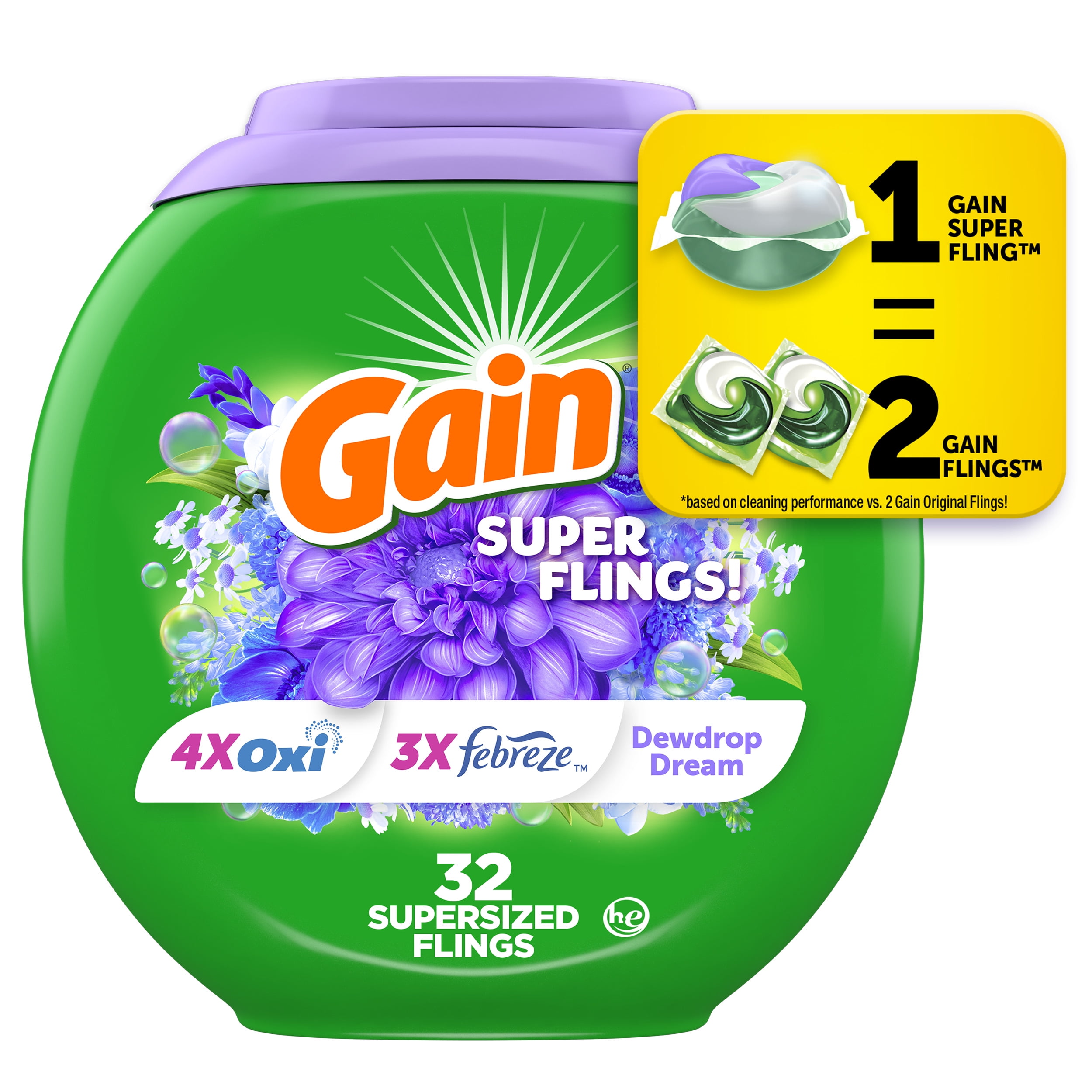 Gain Relax Super-Sized Flings Laundry Detergent Packs, Dewdrop Dream Scent, 32 Count