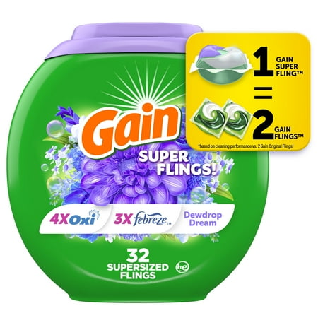 Gain Relax Super-Sized Flings Laundry Detergent Packs, Dewdrop Dream Scent, 32 Count