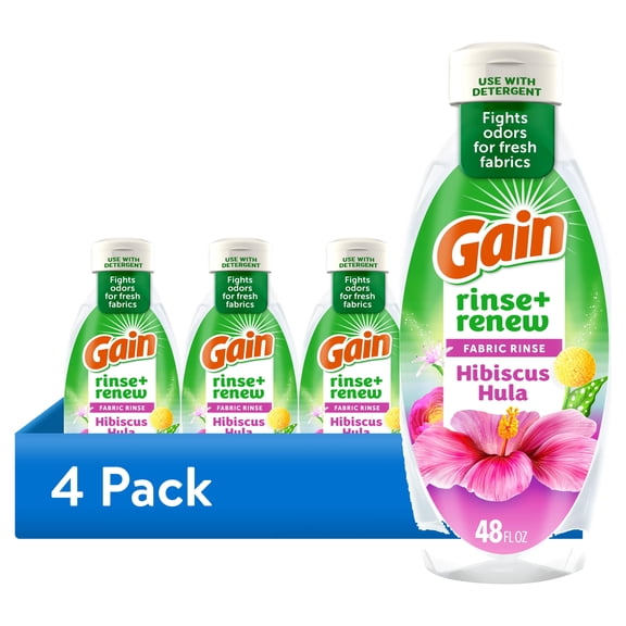 (4 pack) Gain Rinse Out Odor Fabric Softener Rinse, Odor Fighter, Hibiscus Hula Scent, 48 fl oz