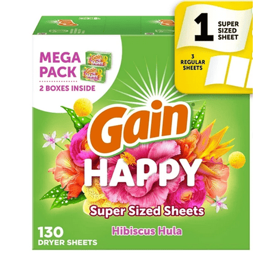 Gain Super Sized Dryer Sheets, Laundry Fabric Softener, Happy, 130 Count