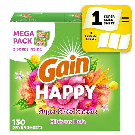 Gain Super Sized Dryer Sheets, Happy, Hibiscus Hula Scent, 130 Count