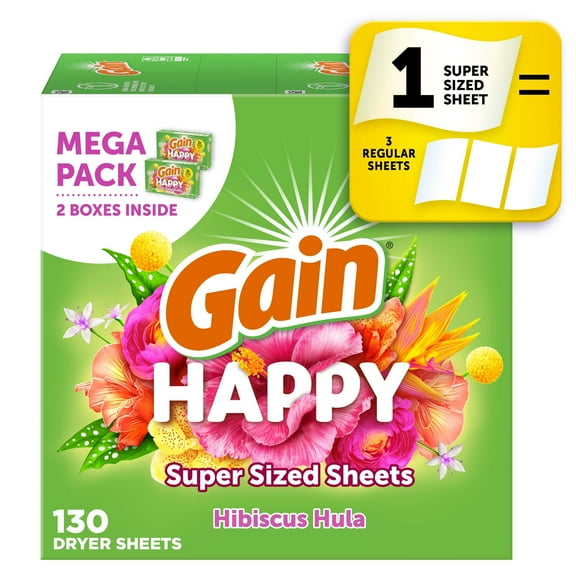Gain Super Sized Dryer Sheets, Happy, Hibiscus Hula Scent, 130 Count