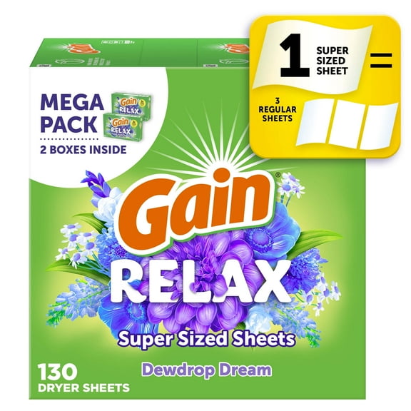 Gain Super Sized Dryer Sheets, Relax, Dewdrop Dream Scent, 130 Count