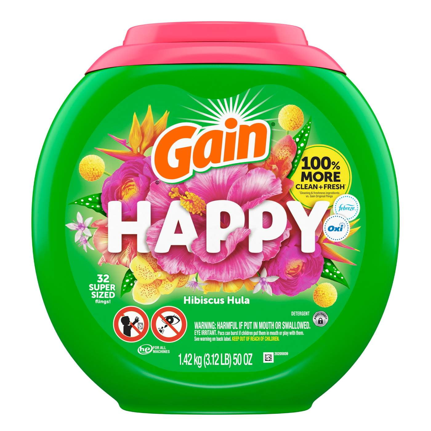 Gain Super Sized Flings! Happy Hibiscus Hula Laundry Detergent Pacs - 32 ct- Pack of 2