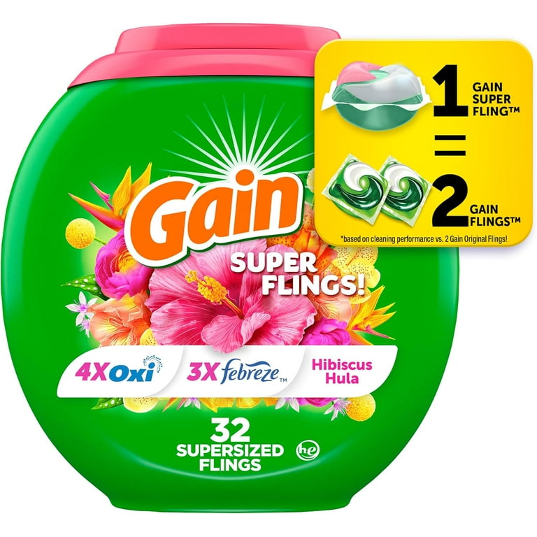 Gain Super Sized Flings Laundry Detergent Pacs, 32 Count, Hibiscus
