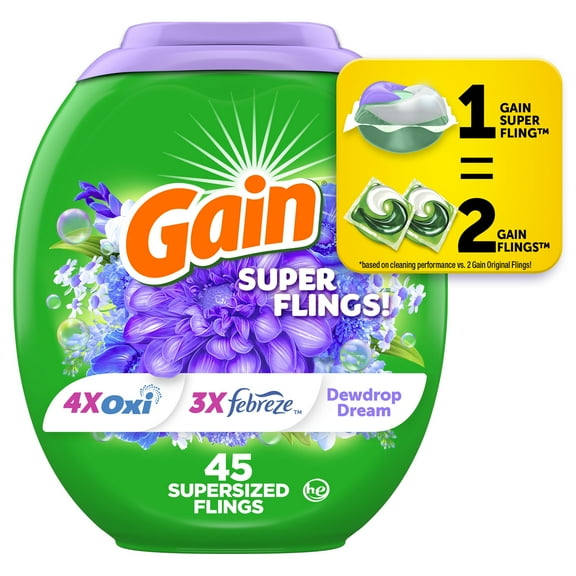 Gain Super Sized Flings Laundry Detergent Pacs, 45 Count, Dewdrop Dream Scent