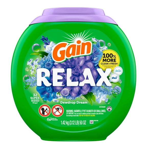Gain Super Sized Flings! Relax Laundry Detergent Pacs - Dewdrop Dream - 32 ct- Pack of 2