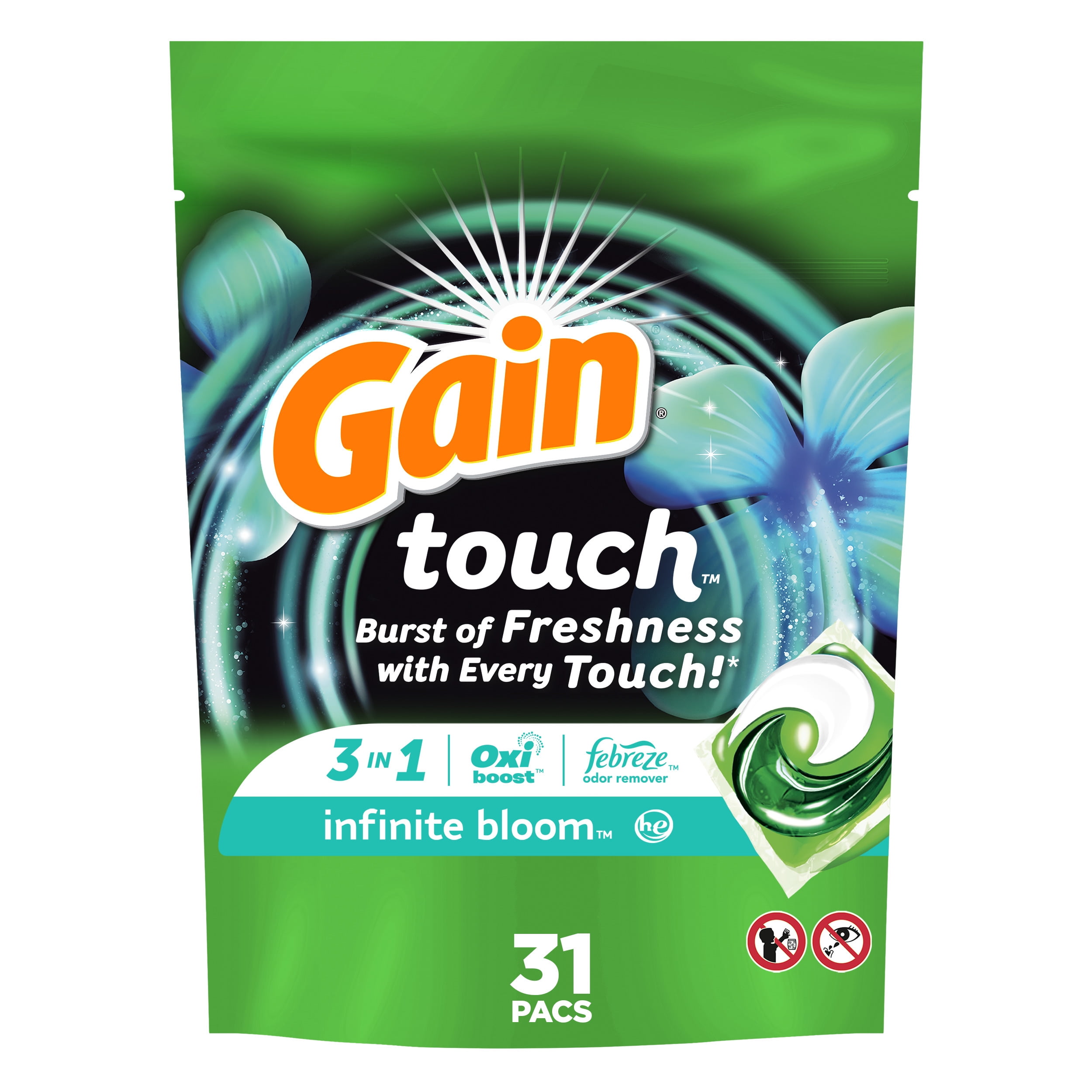 Gain Touch Flings Laundry Detergent Soap Pacs, 31 Ct, Infinite Bloom