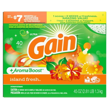 Gain Ultra + AromaBoost Powder Laundry Detergent, Island Fresh, 40 loads, 45 oz