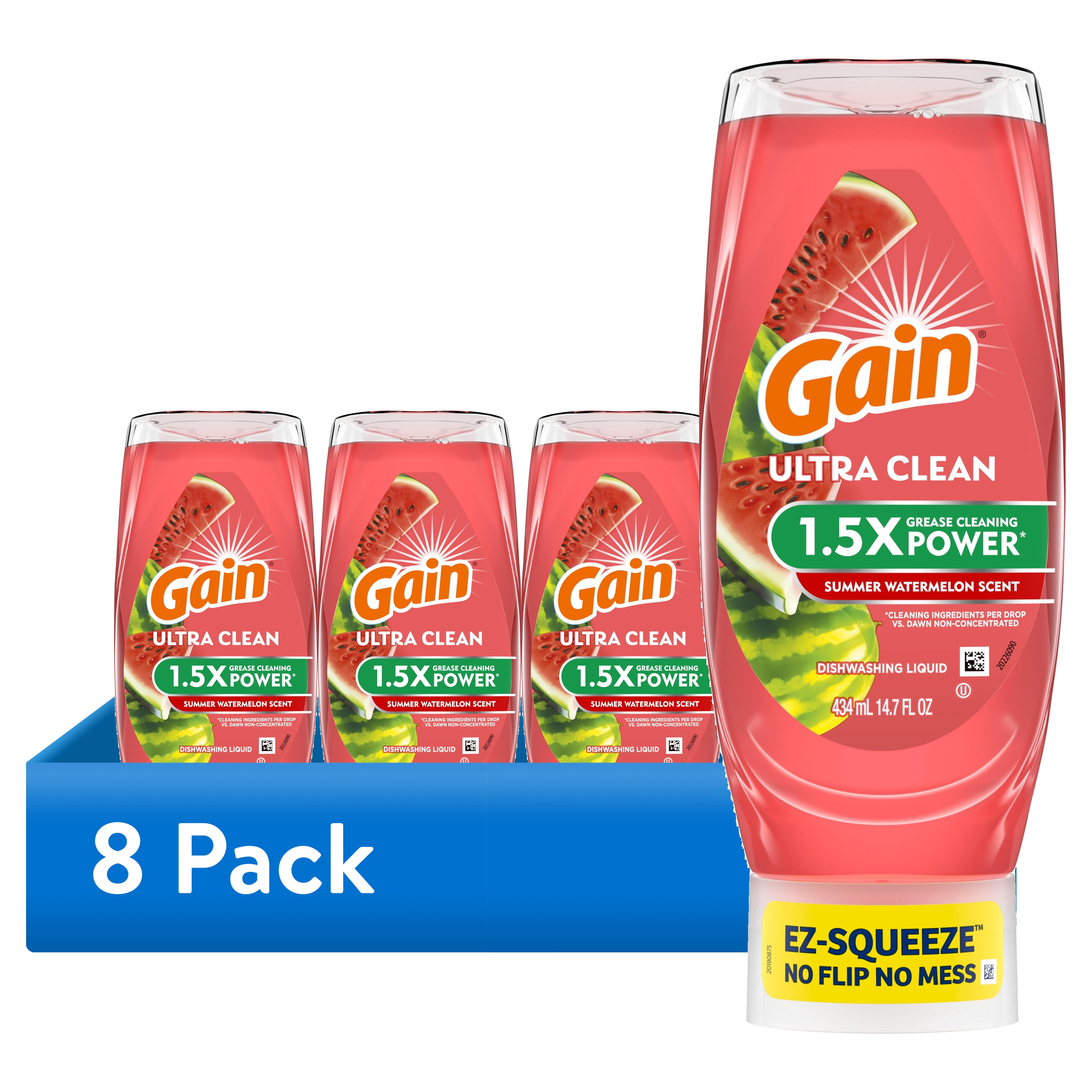 (8 pack) Gain Ultra EZ-Squeeze Dish Soap, Dishwashing Liquid, Grease Removal, Summer Watermelon, 14.7oz