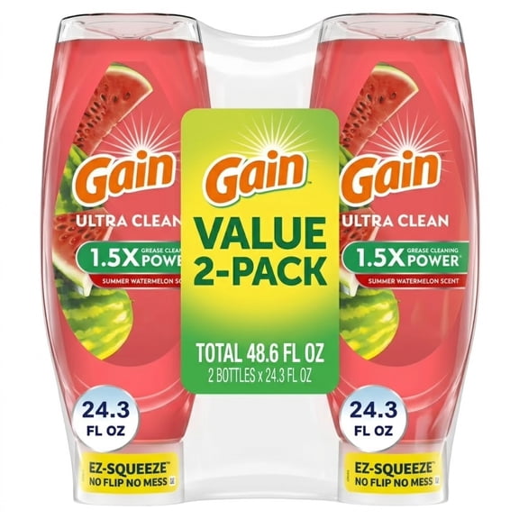 Gain Ultra Original EZ-Squeeze Dish Soap, Dishwashing Liquid, Summer Watermelon, 24.3 fl oz (2 pack)