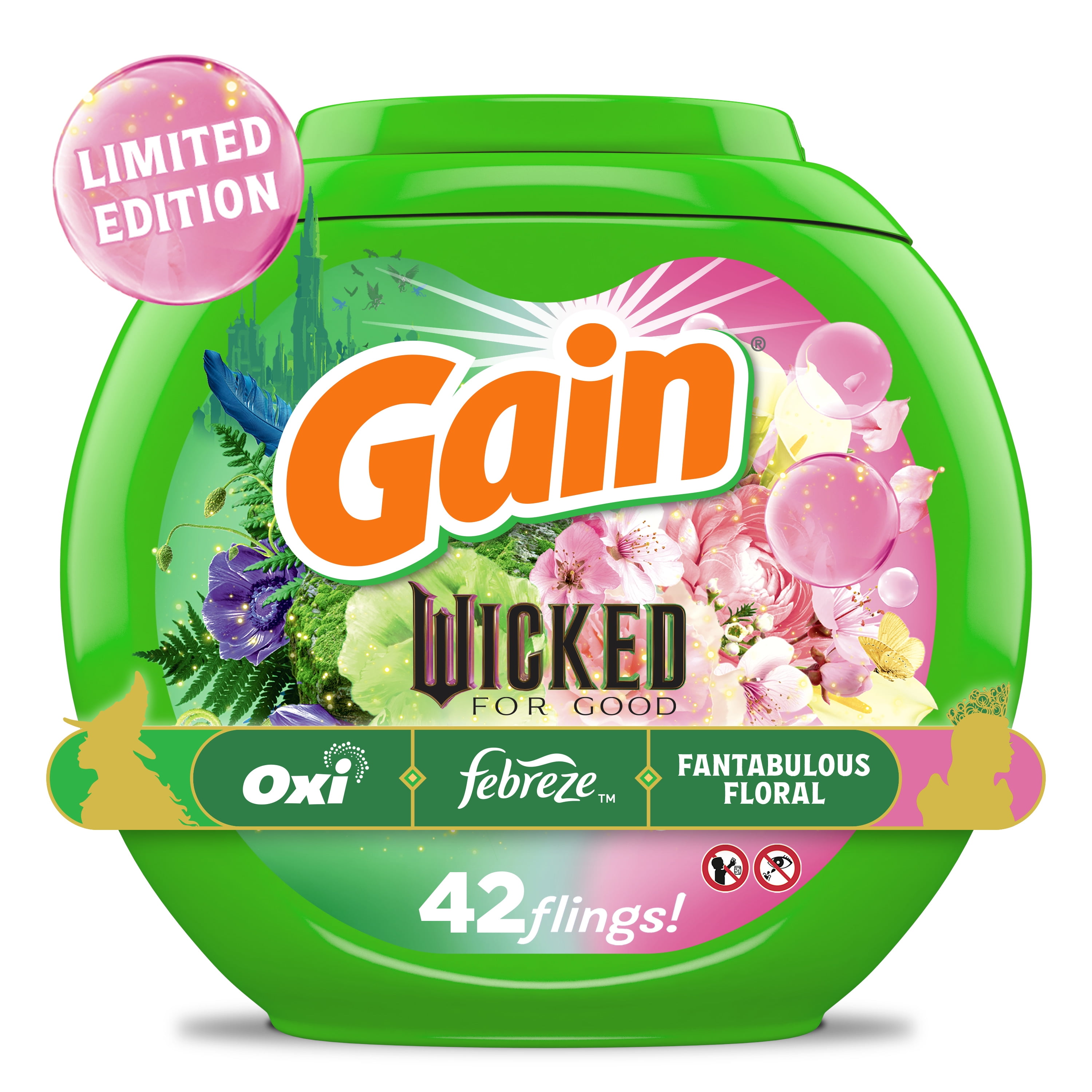 Gain Flings Limited-Edition "Wicked:For Good" Laundry Detergent Pacs, Fantabulous Floral Scent, 42 Count
