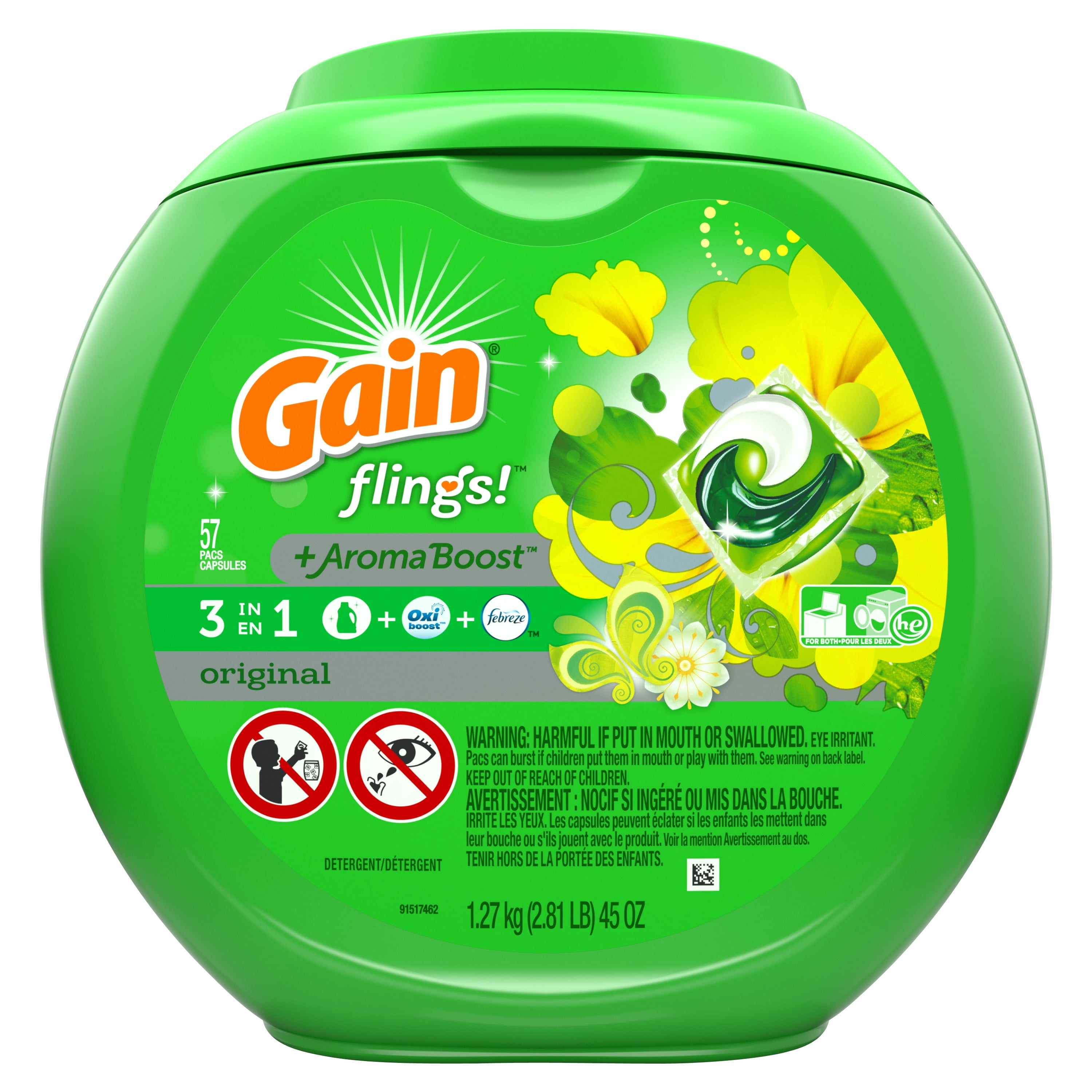 Gain flings! Laundry Detergent Pacs, Island Fresh, 57 Count