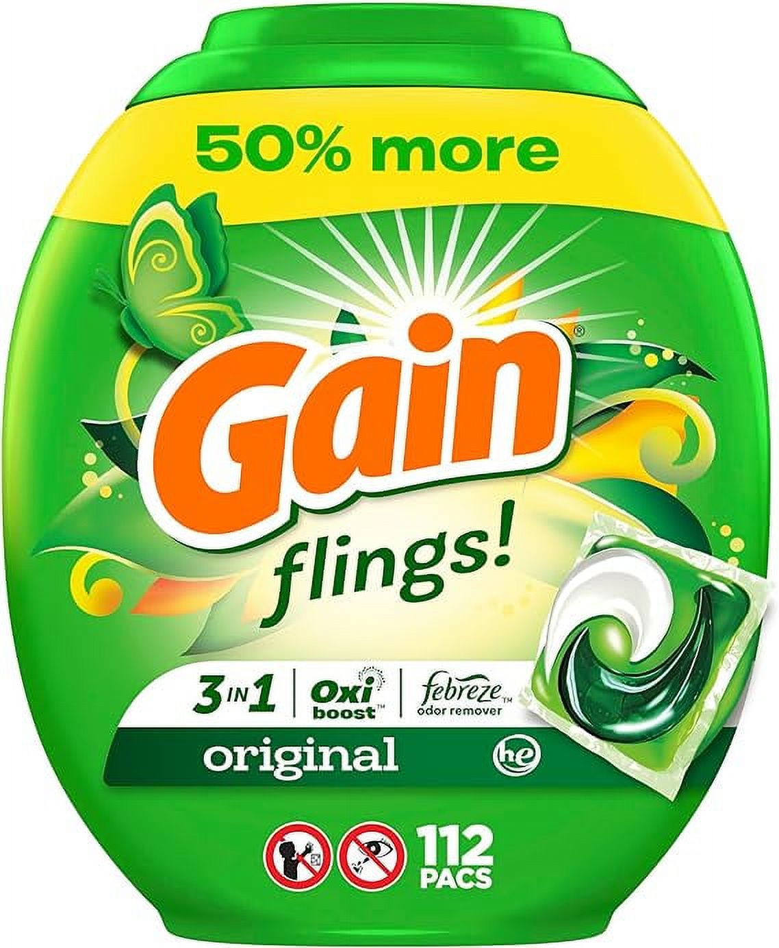 Gain flings Laundry Detergent Soap Pacs HE Compatible 112 ct Long Lasting Scent Original Scent