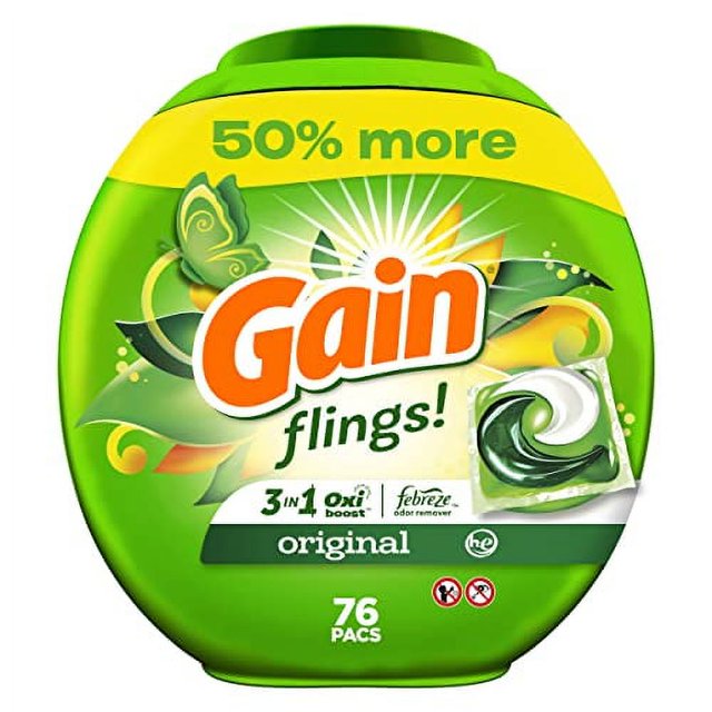 Gain flings Laundry Detergent Soap Pacs HE Compatible 76 Count Long Lasting Scent Original Scent