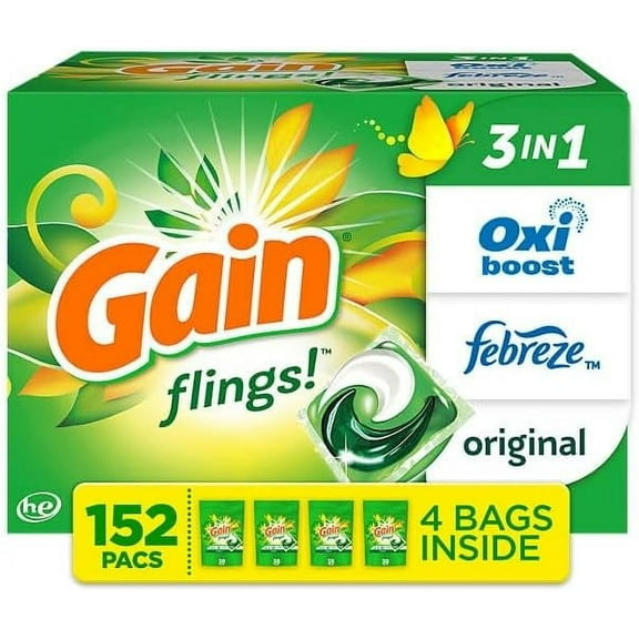 Gain flings! Liquid Laundry Detergent Soap Pacs, HE Compatible, 4 Bag Value Pack, 152 Count, Long Lasting Scent, Original Scent