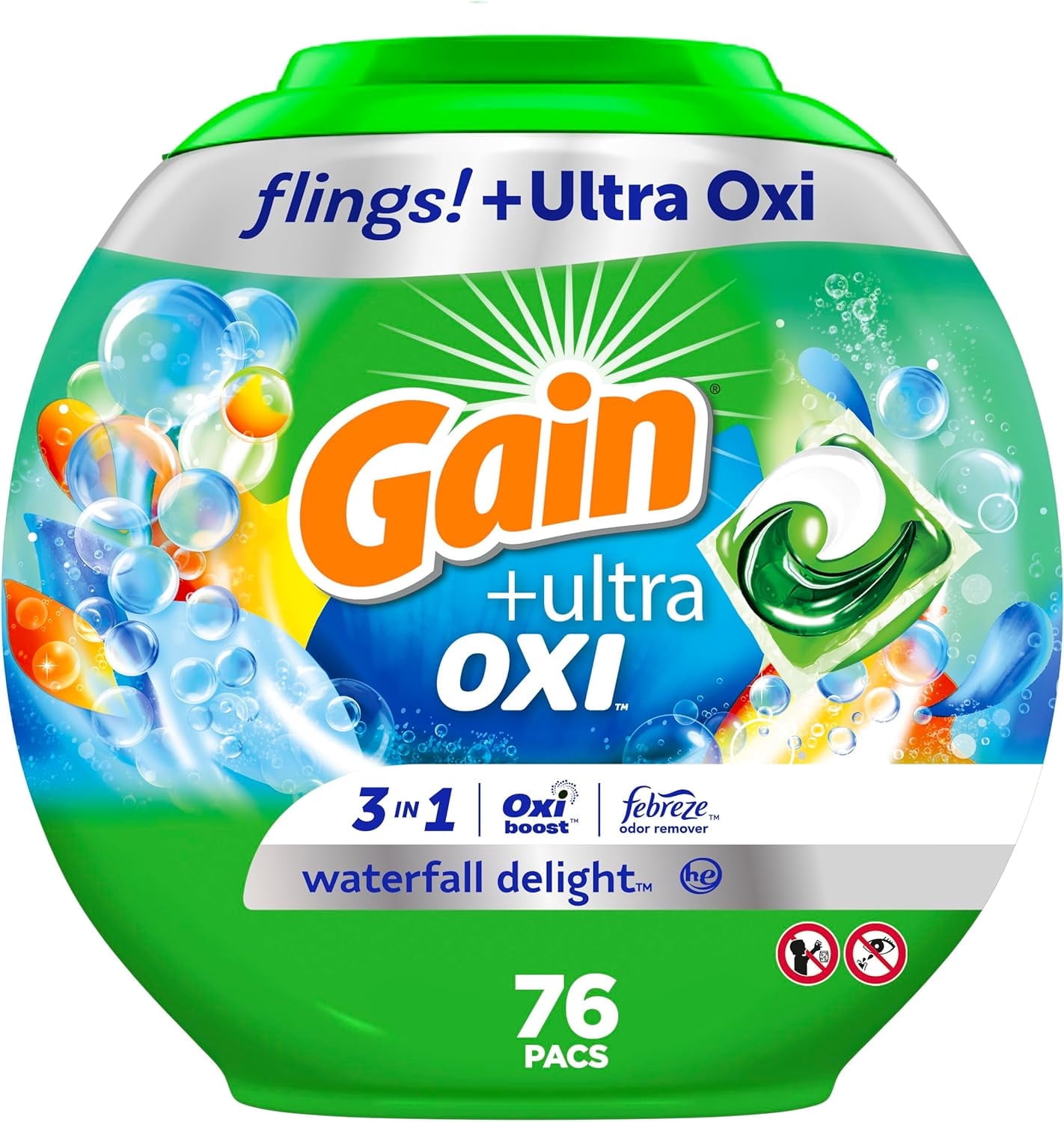 Gain flings Ultra Oxi Laundry Detergent Pacs 3-in-1 HE Compatible, Waterfall Delight Scent, 76 Count