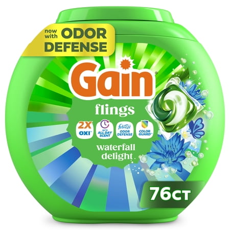 Gain Flings Liquid Washing Detergent pacs, Now with Odor Defense + Color Guard, Waterfall Delight Scent, 76 Count, 4-In-1 liquid laundry detergent pacs, clean & fresh