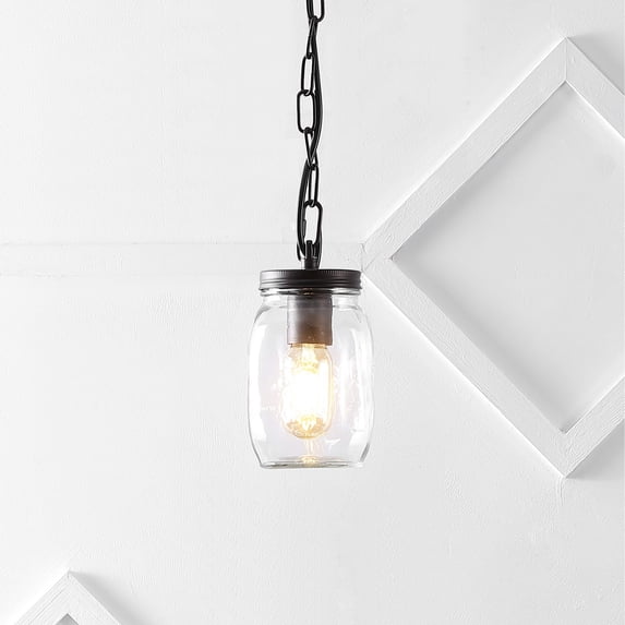 JONATHAN Y Gaines 5.5" 1-Light Farmhouse Industrial Iron Mason Jar LED Pendant, Oil Rubbed Bronze/Clear