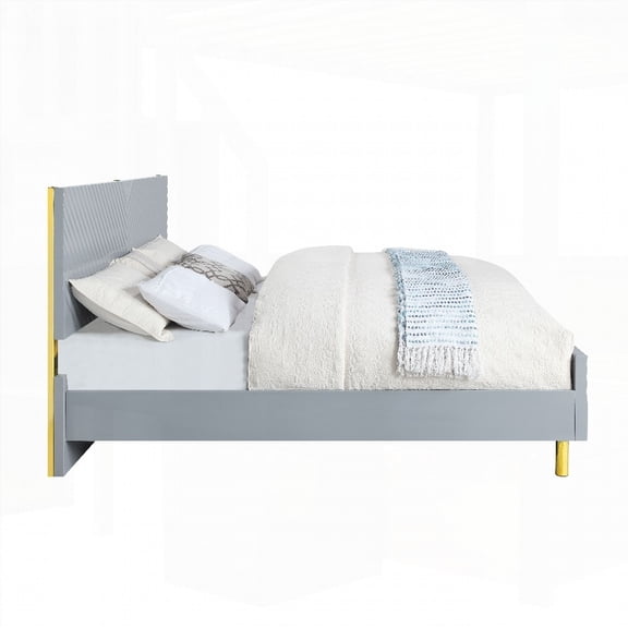 Queen Size MDF High Gloss Finish Platform Bed No Box Spring Gray for Main Bedroom