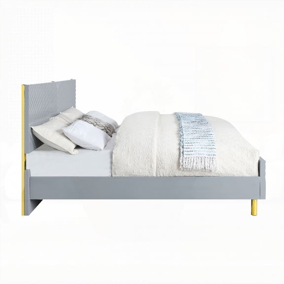Gaines Gray High Gloss Finish EK Bed Made of MDF, Metal and Plywood