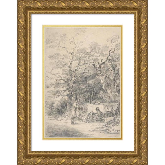 Gainsborough Dupont 11x14 Gold Ornate Wood Frame and Double Matted Museum Art Print Titled - Landscape with Cattle and Figures; Sketch for the Rustic Courtship (1755-97)
