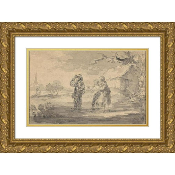 Gainsborough Dupont 18x13 Gold Ornate Wood Frame and Double Matted Museum Art Print Titled - Landscape with Three Figures, Cottage, and Church Spire