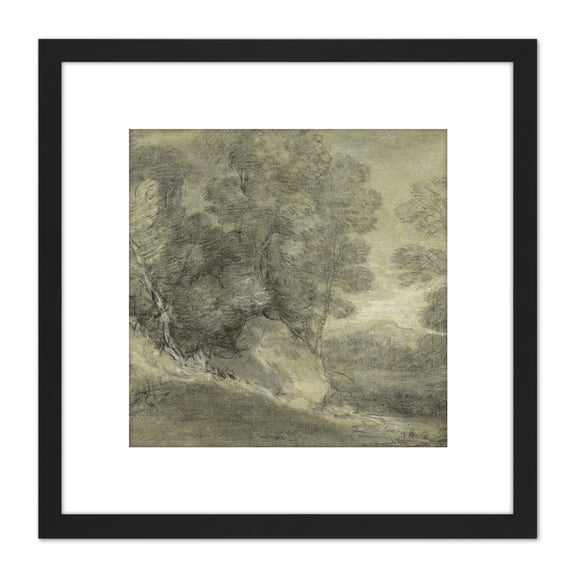 Gainsborough Landscape Rocks Stream Distant Hill Painting 8X8 Inch Square Wooden Framed Wall Art Print Picture with Mount