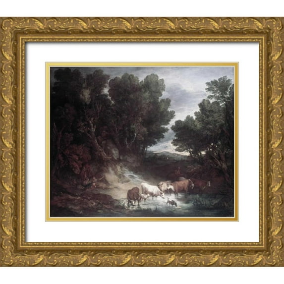 Gainsborough, Thomas 31x26 Gold Ornate Wood Framed with Double Matting Museum Art Print Titled - Watering Place