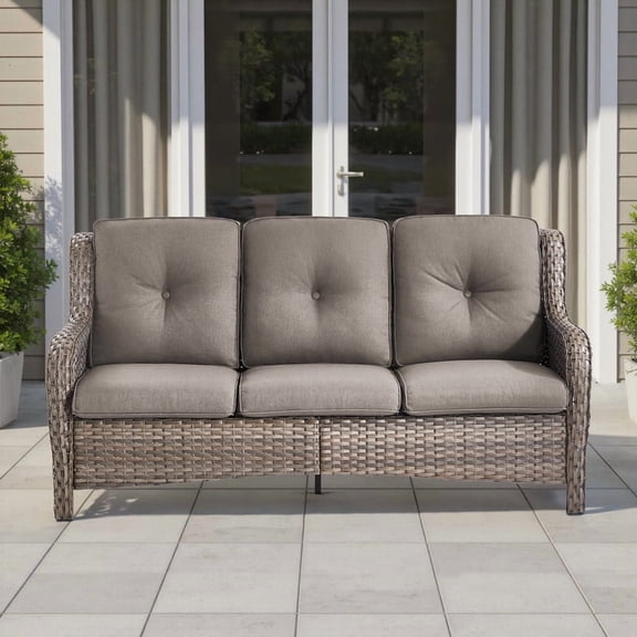 Giantfurnni Outdoor Deep Seat Sofa Patio Wicker 3-Seater Sofa Couch with Cushions for Balcony Porch Deck, Gray