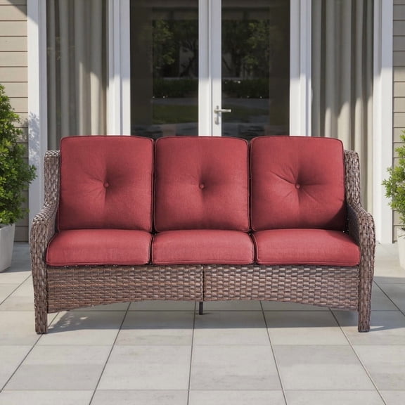 Gaintfurnni Outdoor Deep Seat Sofa Patio Wicker 3-Seater Sofa Couch with Cushions for Balcony Porch Deck, Red