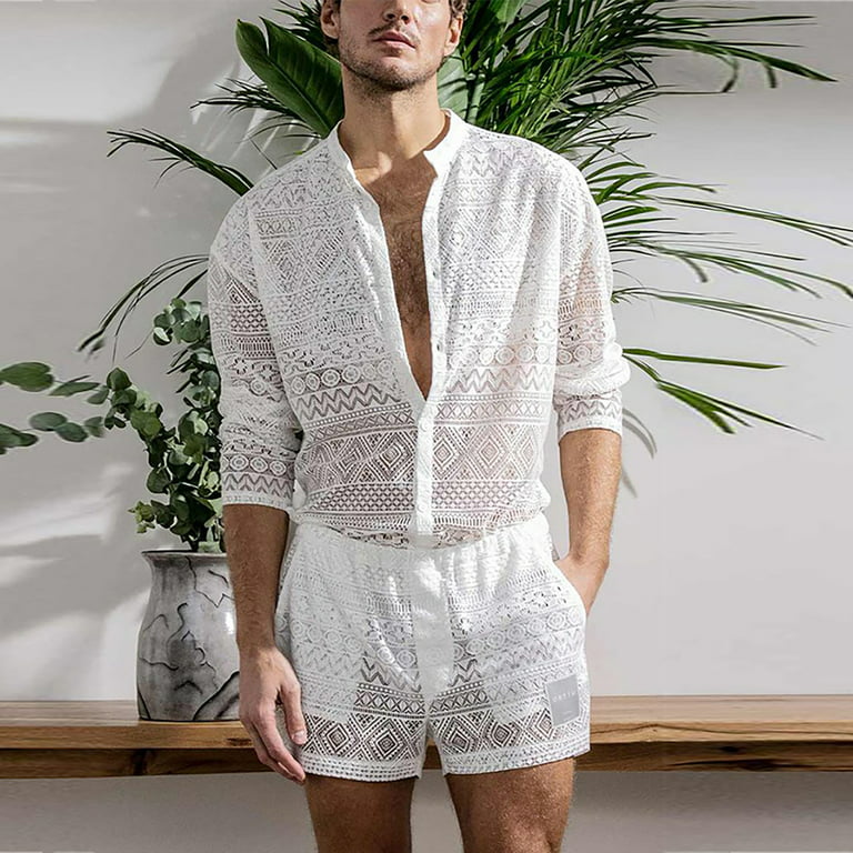 Gaiseeis Mens Sexy Top Shorts Suit Set Floral Long Sleeve Lace