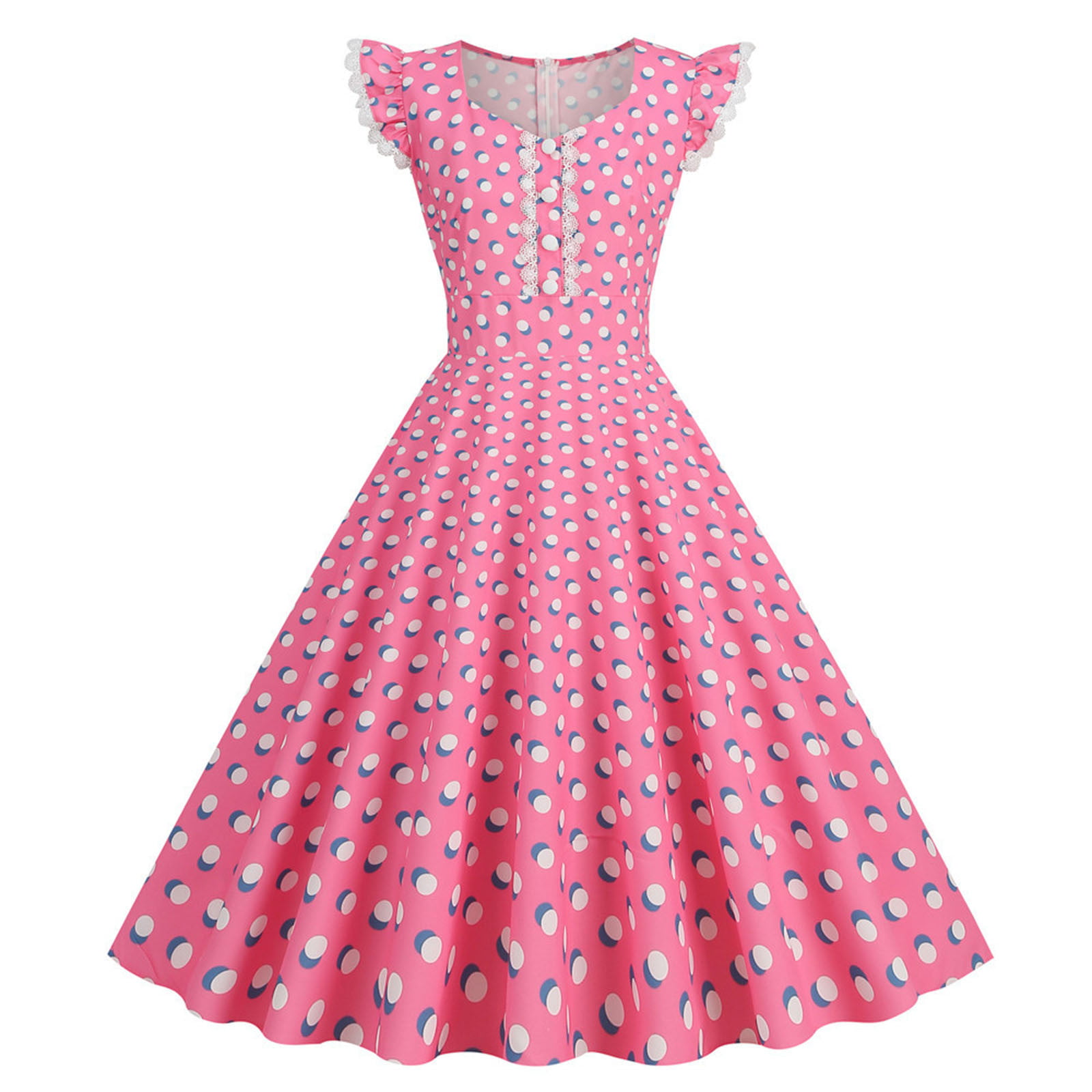 Gaiseeis Women's Fashion Lace Sleeve Vintage Polka Dot Printed Maxi Dress  Pink S