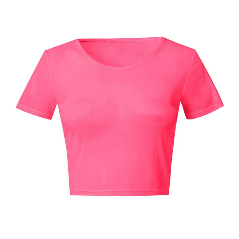 Gaiseeis Women's Sheer Mesh See-Through Short Sleeve Crop Tops Casual T  Shirt Hot Pink S