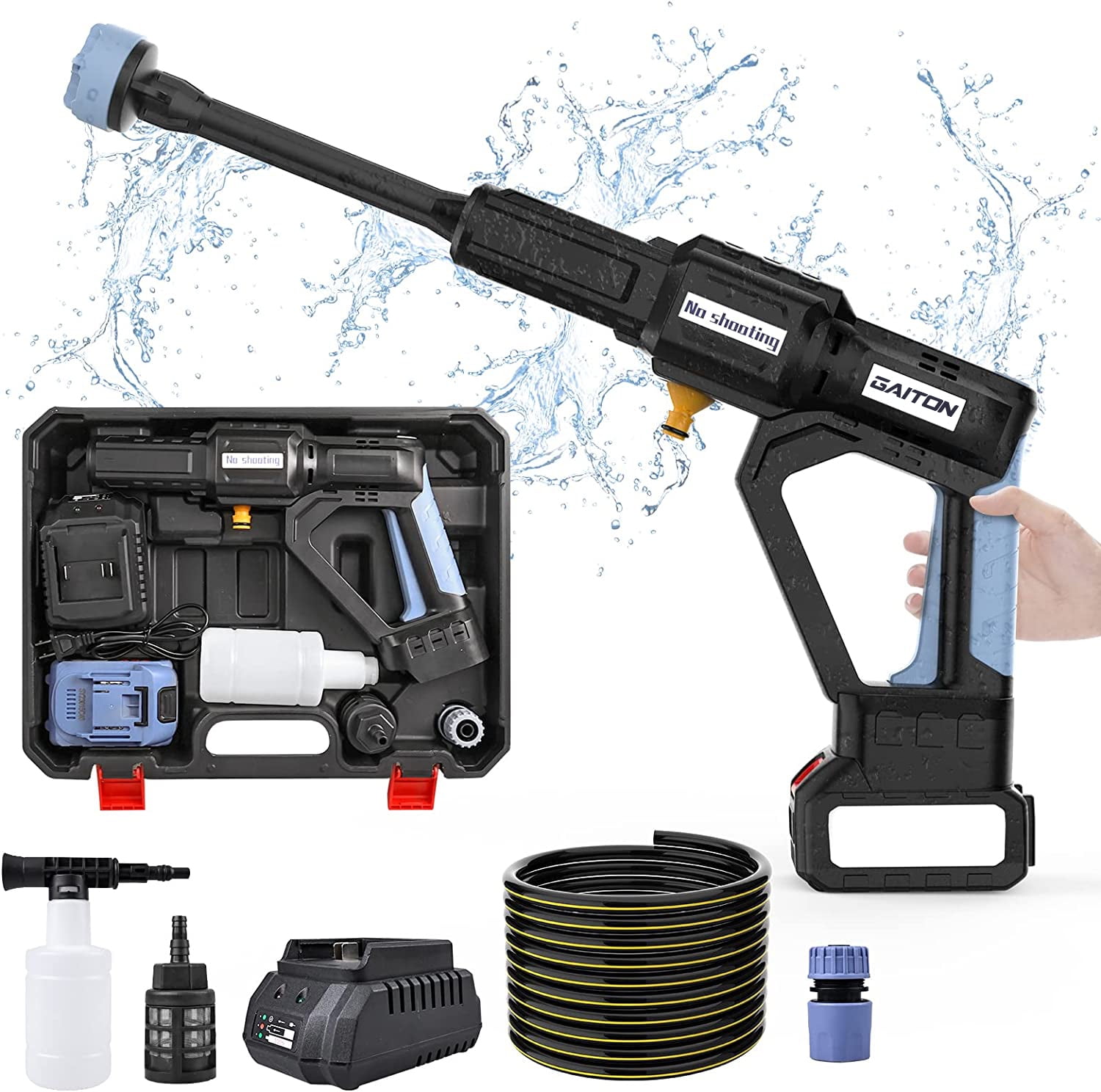 Gaiton Cordless Pressure Washer Portable Pressure Washer with Display Max 1000PSI 3 Speed Adjustment Electric Cordless Power Washer with 6 in 1