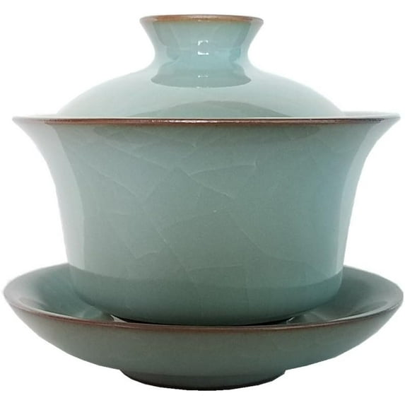 Gaiwan Kung Fu Teacups with Lid 5-Ounce Teacup and Saucer Set Glazed Crack Porcelain Chinese Celadon(Grey Grack)
