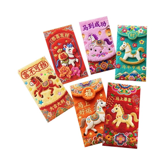 Gaiwos 2026 Year of the Horse Red Envelopes 6 PCS, Lucky Money Hong Bao with Horse Pattern, Traditional Chinese Red Packets for Lunar New Year Wedding and Gift Giving