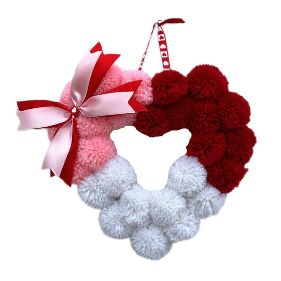 Gaiwos Valentine's Day Heart Wreath for Front Door 9.45 inches, Plush Pom Pom Heart Ornament, Romantic Fluffy Love Heart Valentines Day Decoration for Wedding Home Decor