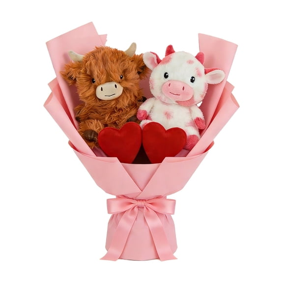 Gaiwos Valentine's Day Plush Cow Bouquet 11.8 inches, 2 PCS Adorable Cow Stuffed Animals with Hearts and Pink Bow Wrap, Romantic Valentine Decorations Gifts for Her & Boyfriend Girls Lover