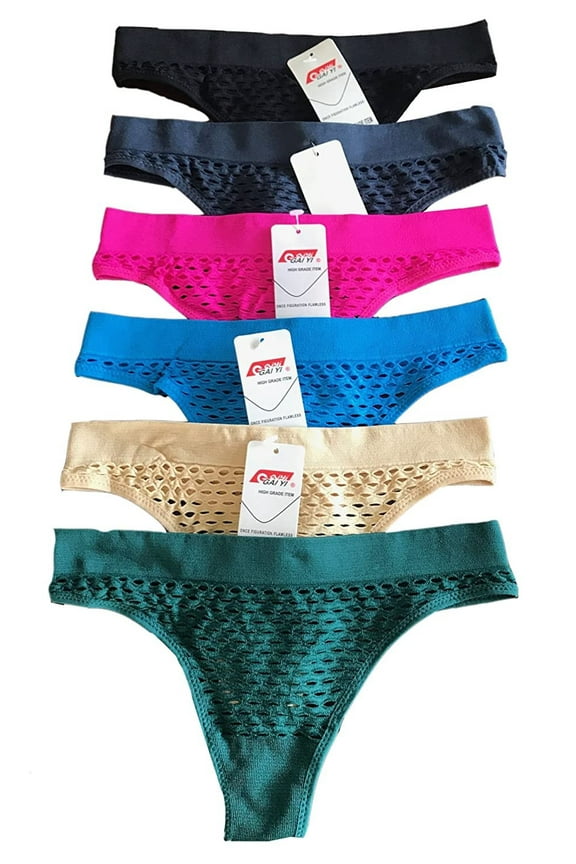 Gaiyi 6 Pieces Adult Fishnet Hole/Plain Nylon Seamless Thong Panty Free Size (73004/73020) (Free Size - One Size Fits All, Style # 73004) Black