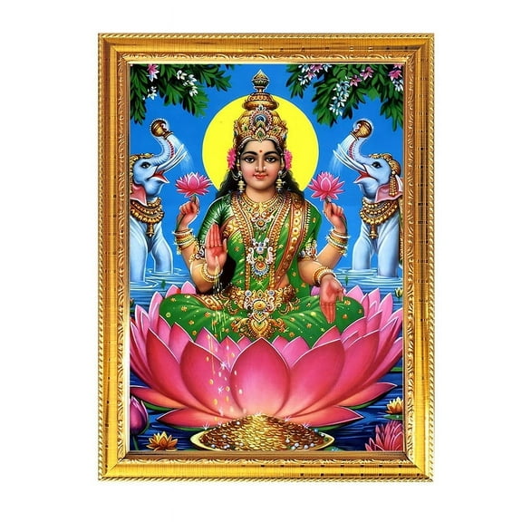 Gaja Lakshmi Goddess Photo With Golden Frame for Indian Pooja Hindu Worship Puja Temple House Warming Religious Wall Table 8.6 X 11