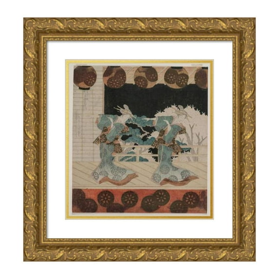 Gakutei Harunobu 15x16 Gold Ornate Wood Frame and Double Matted Museum Art Print Titled - The Dance at Furuichi for the Hisagataya Group (Mid 1820s)