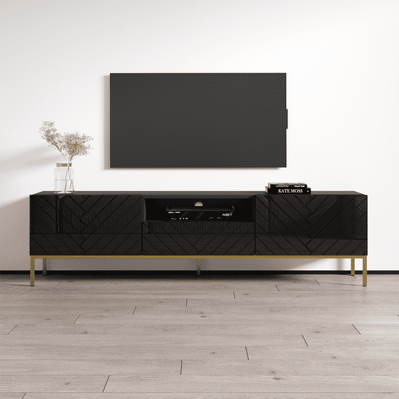 Gala 01 TV Stand for TVs up to 85", Mid-Century Modern High Gloss 75" Entertainment Center, TV Media Console with Storage Cabinets