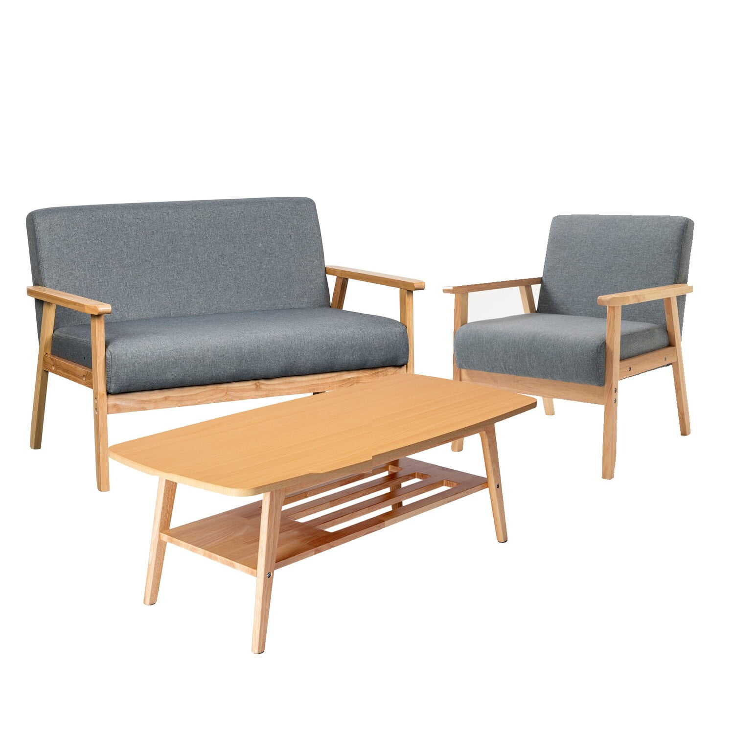 Gala 3 Piece Loveseat, Chair and Coffee Table Set, Brown Wood, Gray