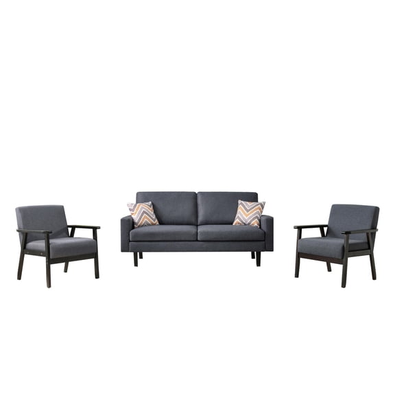 Gala 3 Piece Sofa and Chairs Set, Gray Fabric, 2 Pillows, Black Wood Frame