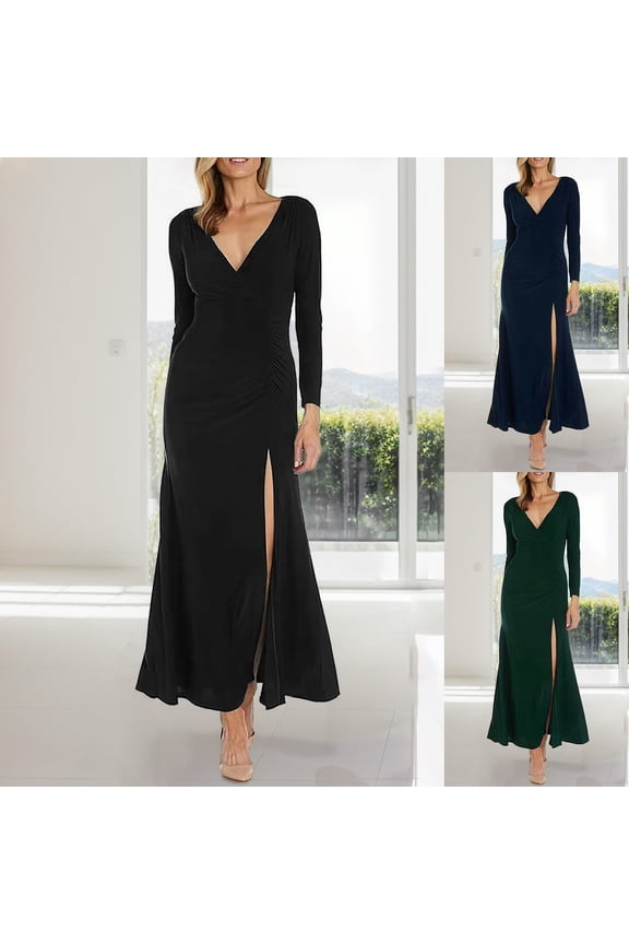 Gala Dresses for Women Evening Dress V Neck with Side Ruffles Side Slit Long Sleeved Gown Formal Dress Bridesmaid Dress Black L