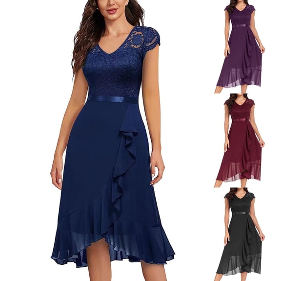 Gala Dresses for Women V Neck Floral Lace Short Sleeve Bridesmaid Maxi Dress Wedding Mid Length Formal Evening Dress L