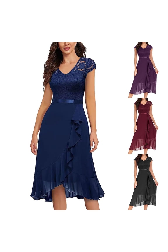 Gala Dresses for Women V Neck Floral Lace Short Sleeve Bridesmaid Maxi Dress Wedding Mid Length Formal Evening Dress L