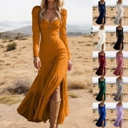 Gala Dresses for Women Western Style Button Front Ruffle Detail Long Sleeve Maxi Dress Vintage Formal Bridesmaid Maxi Dress Black XL